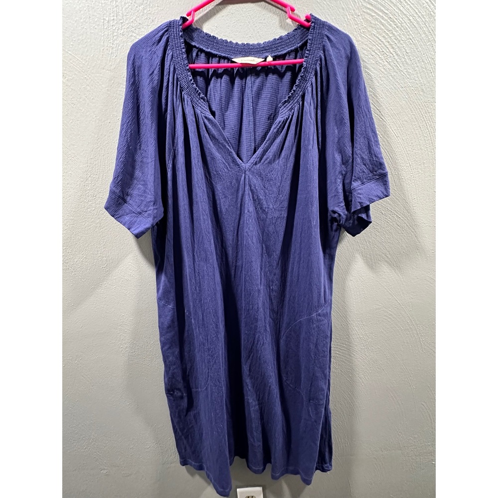 Soft Surroundings Navy Cotton V-Neck Smocked Shift Dress with Pockets Large